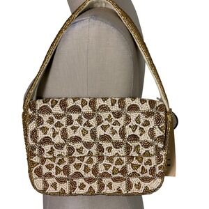 New Hand Beaded Handcrafted Purse Handbag Gold Cream Geometric Pattern NWT